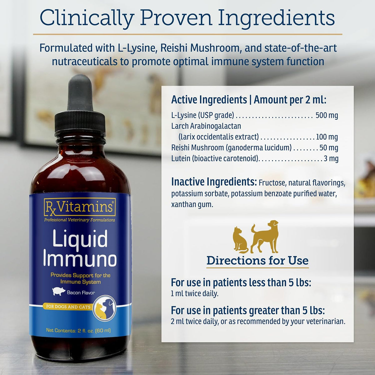 Rx Vitamins Liquid Immuno - L-Lysine, Reishi Mushroom & Lutein for Cats and Dogs - Bacon Flavoured Liquid Supplement (60 mL) – Image 3