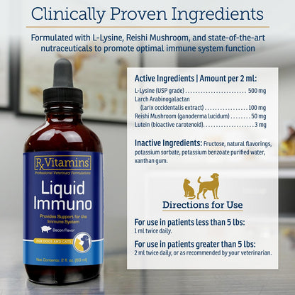 Rx Vitamins Liquid Immuno - L-Lysine, Reishi Mushroom & Lutein for Cats and Dogs - Bacon Flavoured Liquid Supplement (60 mL) – Image 3