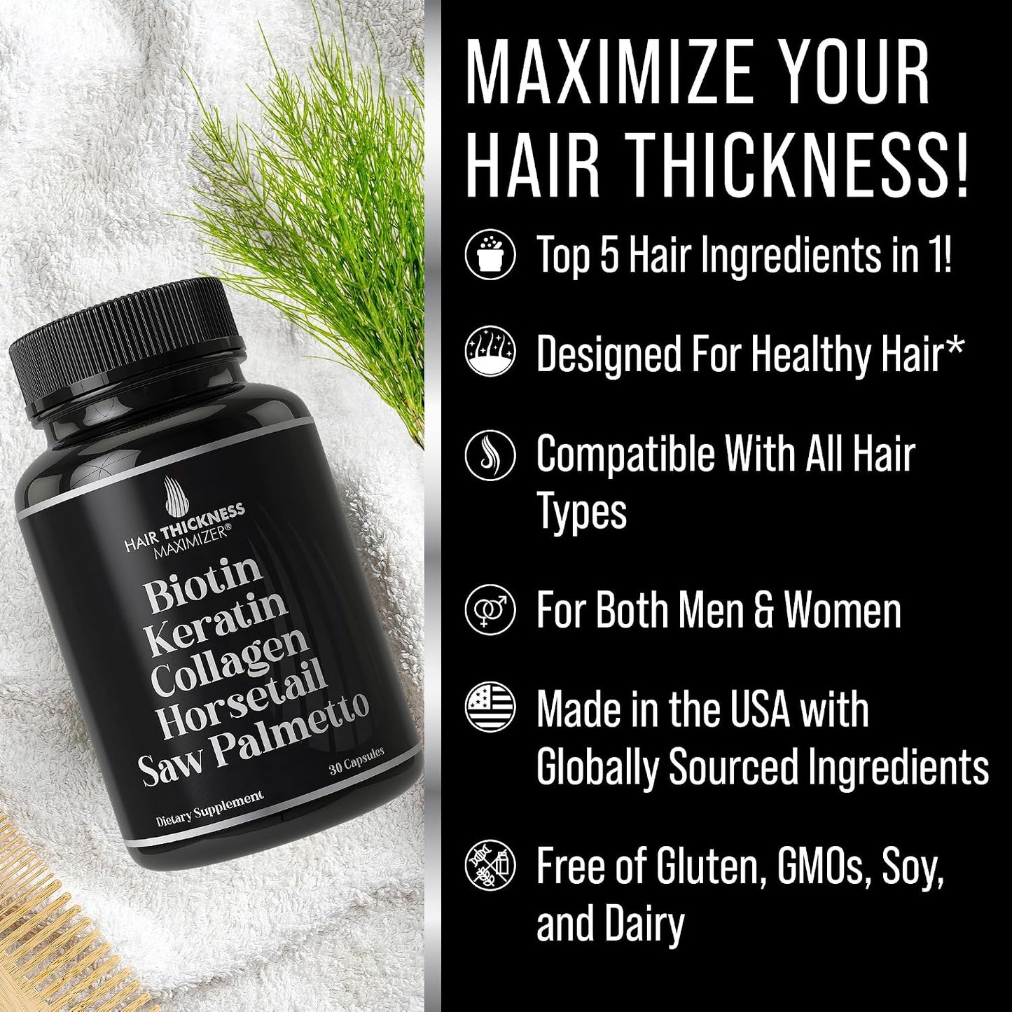 Hair Thickness Maximiser 5-in-1 Hair Growth Supplement – Biotin 5000mcg with Keratin, Collagen, Horsetail & Saw Palmetto - görsel 2