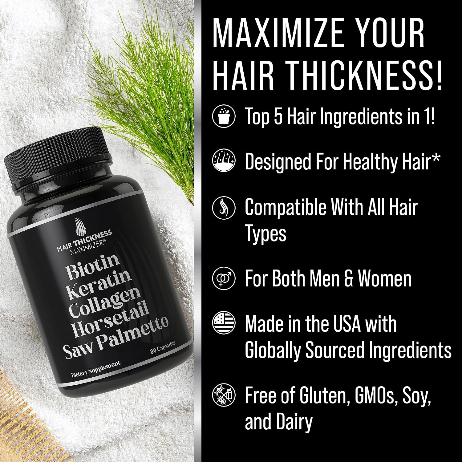 Hair Thickness Maximiser 5-in-1 Hair Growth Supplement – Biotin 5000mcg with Keratin, Collagen, Horsetail & Saw Palmetto - görsel 2