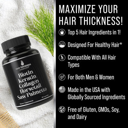 Hair Thickness Maximiser 5-in-1 Hair Growth Supplement – Biotin 5000mcg with Keratin, Collagen, Horsetail & Saw Palmetto