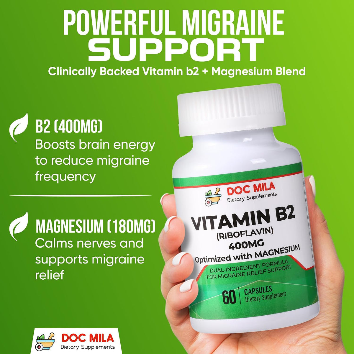 Doc Mila Vitamin B2 Riboflavin 400mg Capsules – Vegan Supplement for Energy & Nervous System Support – 60 Capsules – Image 3