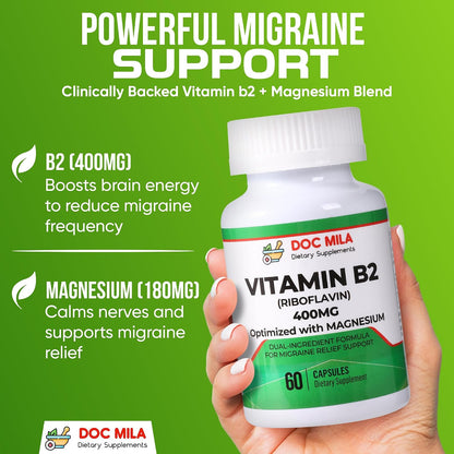 Doc Mila Vitamin B2 Riboflavin 400mg Capsules – Vegan Supplement for Energy & Nervous System Support – 60 Capsules – Image 3