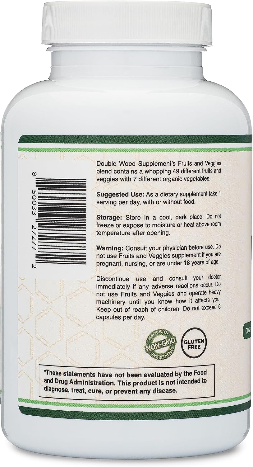 Fruits and Veggies Supplement (Daily Blend of 49 Different Fruits and Vegetables, 23 Veggies and 29 Fruits) 1,500mg Servings, 180 Capsules (No Fillers, Vegan Safe, Non-GM) by Double Wood - görsel 4