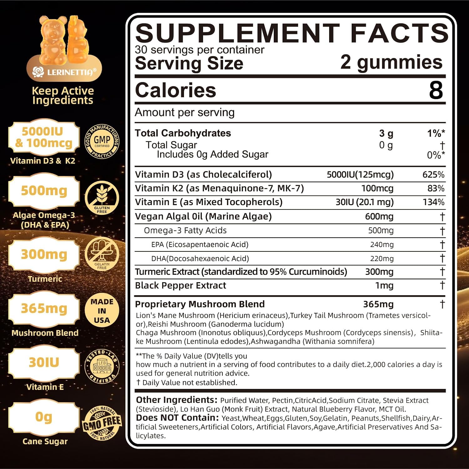 Vitamin D3 5000 IU (125 mcg) + Vitamin K2 (MK-7) Gummies with Algae Omega 3 – Vegan, Sugar-free, 60 Count - görsel 3