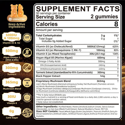 Vitamin D3 5000 IU (125 mcg) + Vitamin K2 (MK-7) Gummies with Algae Omega 3 – Vegan, Sugar-free, 60 Count
