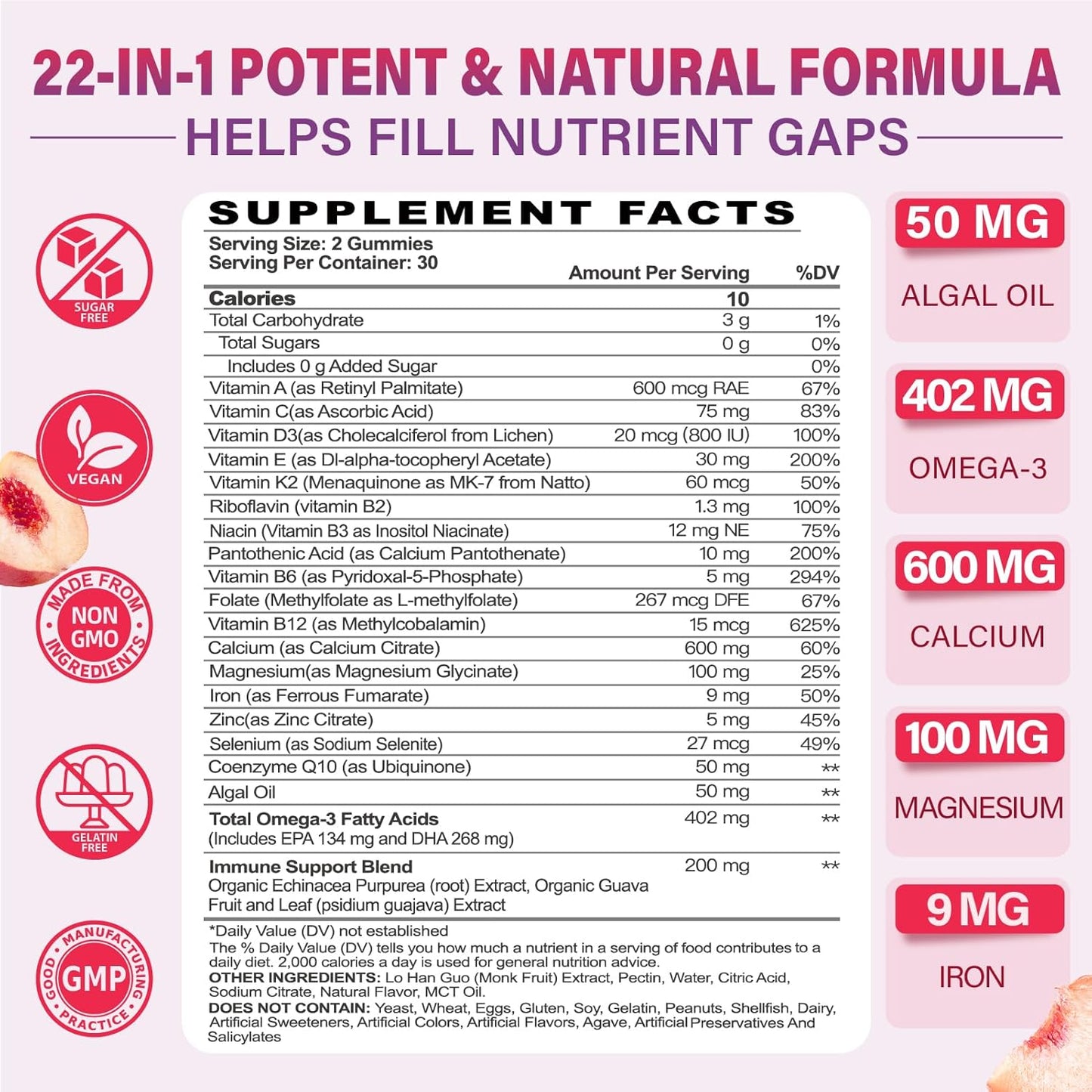 Multivitamin Gummies for Women's 50+ with Omega-3, Coenzyme Q10, Iron, Calcium, Zinc, Vitamin A, C, D3, E, K2, B Complex, Folate - Multi Vitamins & Minerals for Energy, Beauty, Immune - Pack of 2 - görsel 2
