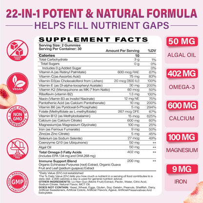 Multivitamin Gummies for Women's 50+ with Omega-3, Coenzyme Q10, Iron, Calcium, Zinc, Vitamin A, C, D3, E, K2, B Complex, Folate - Multi Vitamins & Minerals for Energy, Beauty, Immune - Pack of 2