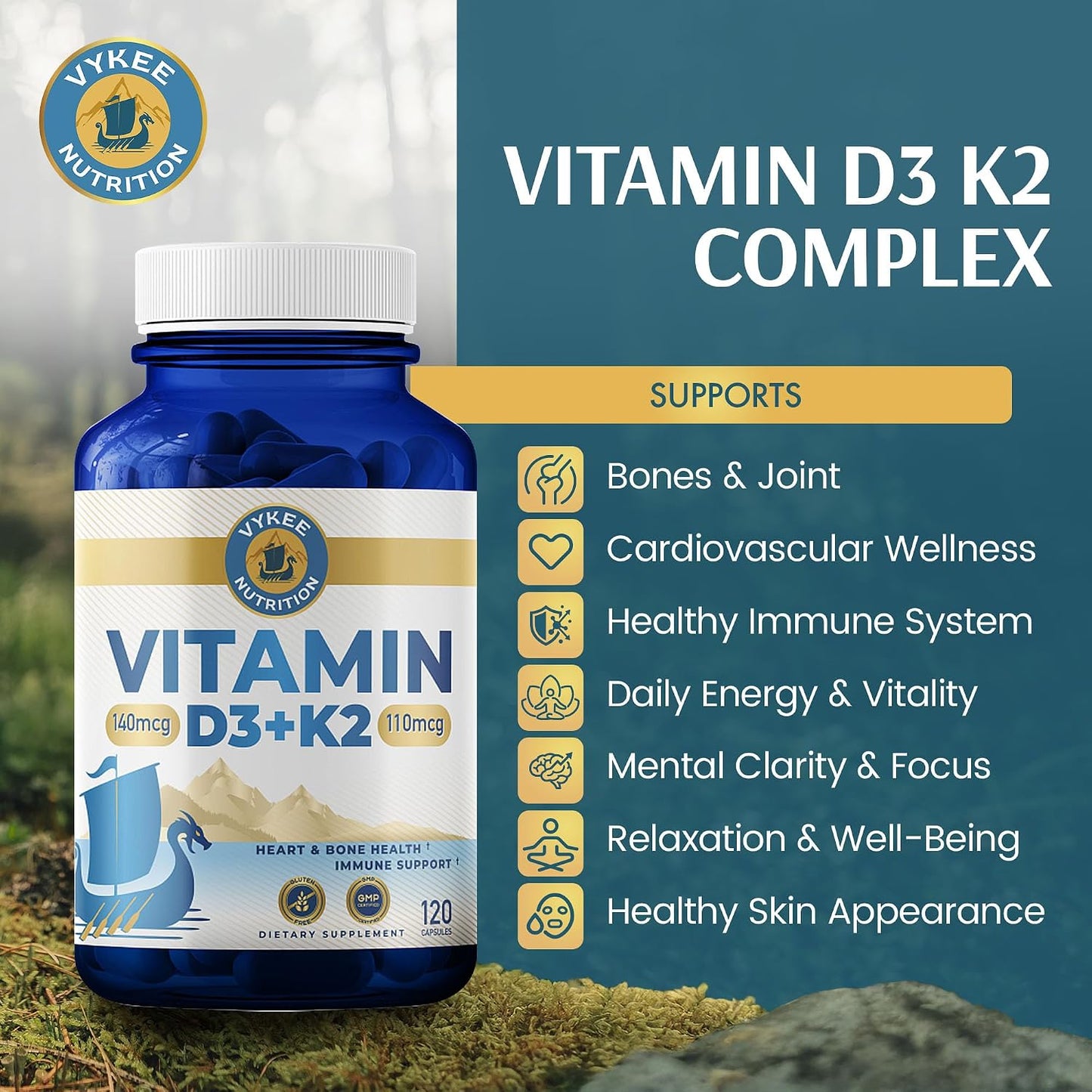 Vykee Nutrition Vitamin D3 K2 Complex – D3 140 mcg & K2 (MK-7) 110 mcg – 120 Vegan Capsules - görsel 2