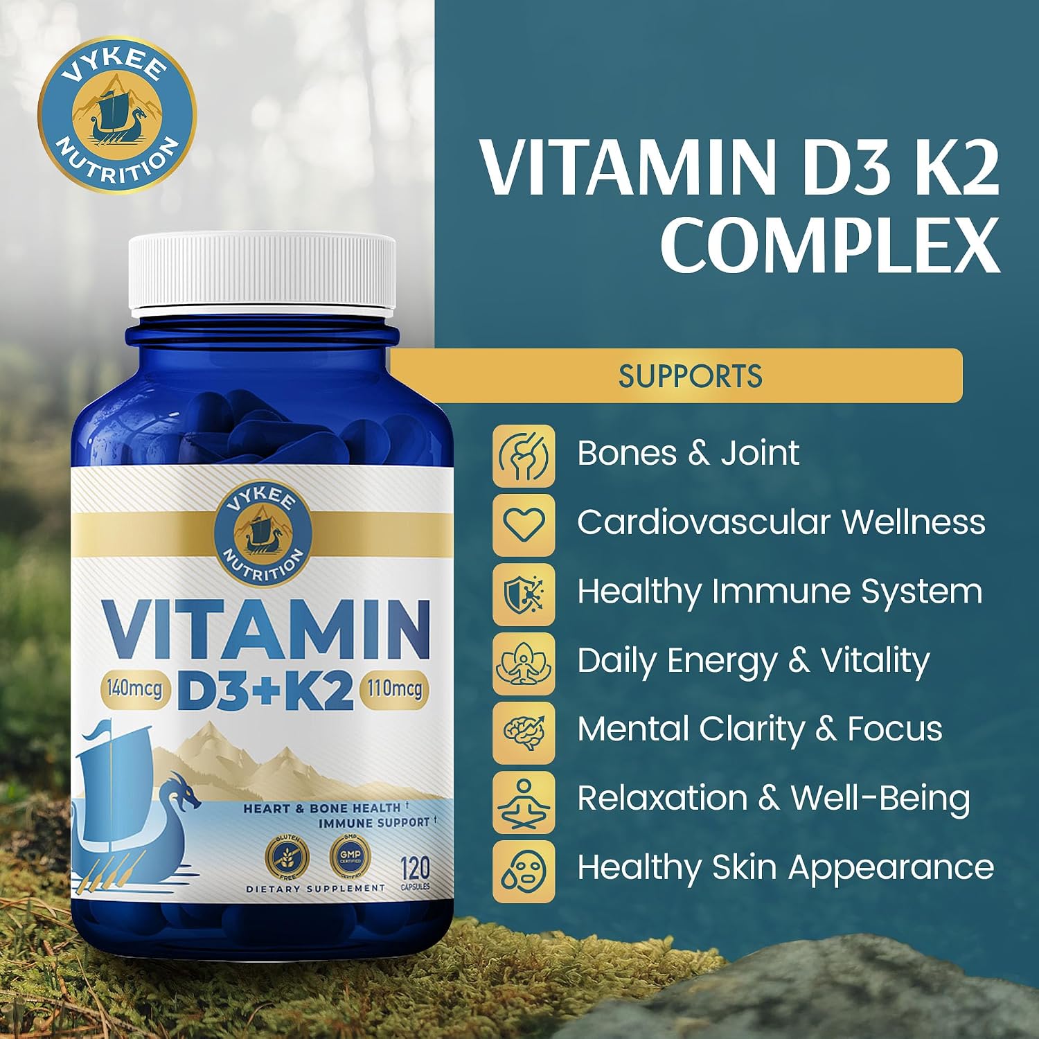 Vykee Nutrition Vitamin D3 K2 Complex – D3 140 mcg & K2 (MK-7) 110 mcg – 120 Vegan Capsules - görsel 2