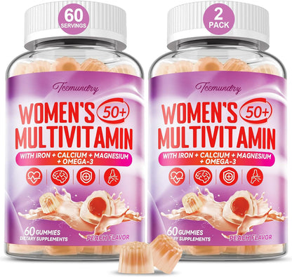 Multivitamin Gummies for Women's 50+ with Omega-3, Coenzyme Q10, Iron, Calcium, Zinc, Vitamin A, C, D3, E, K2, B Complex, Folate - Multi Vitamins & Minerals for Energy, Beauty, Immune - Pack of 2