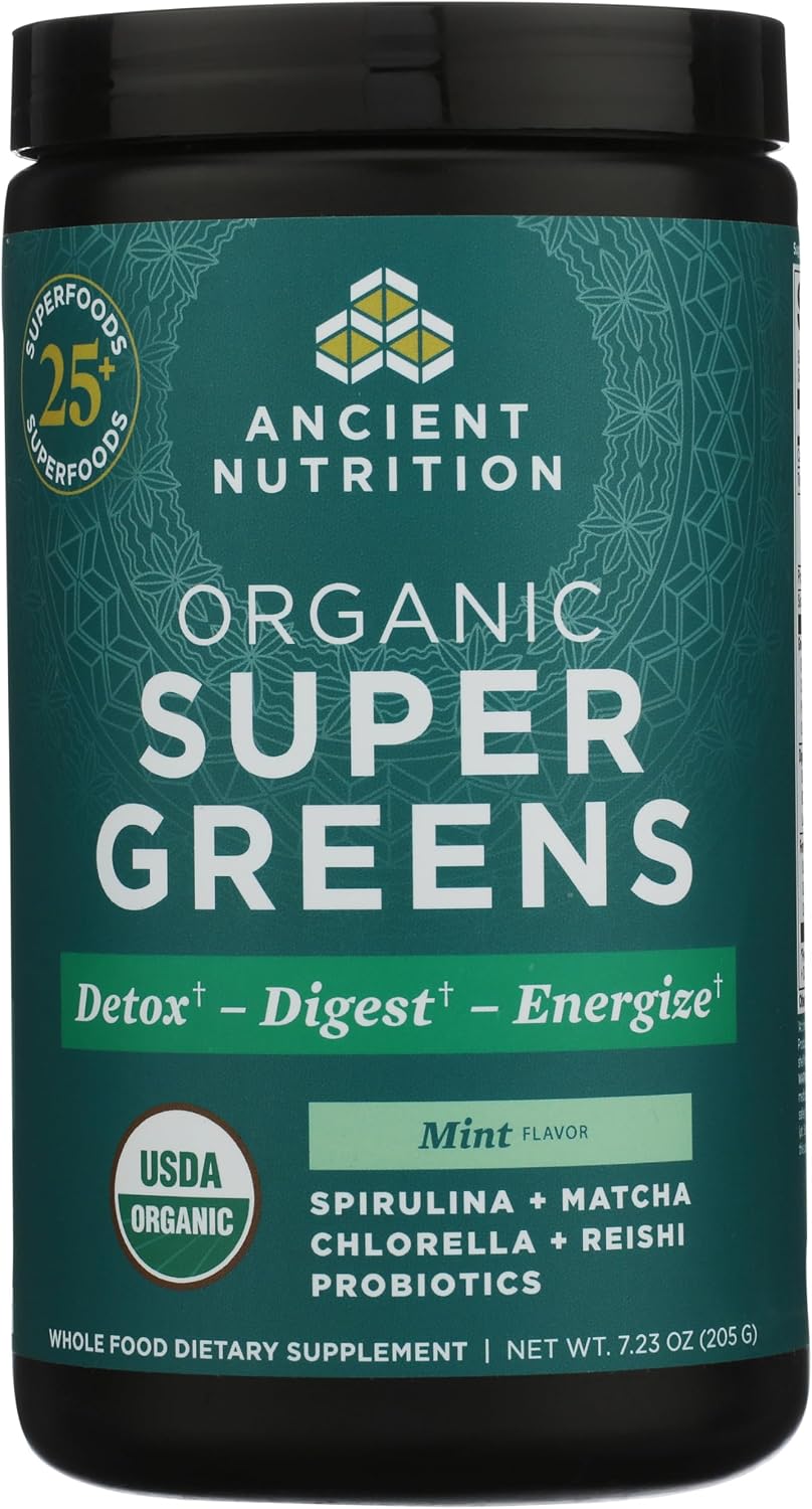 Ancient Nutrition SuperGreens Powder with Probiotics - Organic Peppermint Flavour - 25 Servings - görsel 1