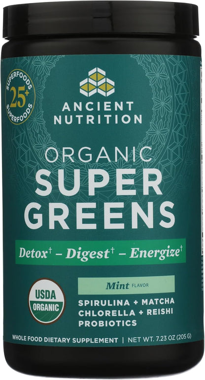 Ancient Nutrition SuperGreens Powder with Probiotics - Organic Peppermint Flavour - 25 Servings