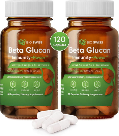 Bio Swiss Beta Glucan Immunity Power - 1,3D-1,6D Glucan with Vitamin D - Immune Support Supplement for Enhanced Defence and Wellbeing - Vegan, Gluten free (120 Capsules)