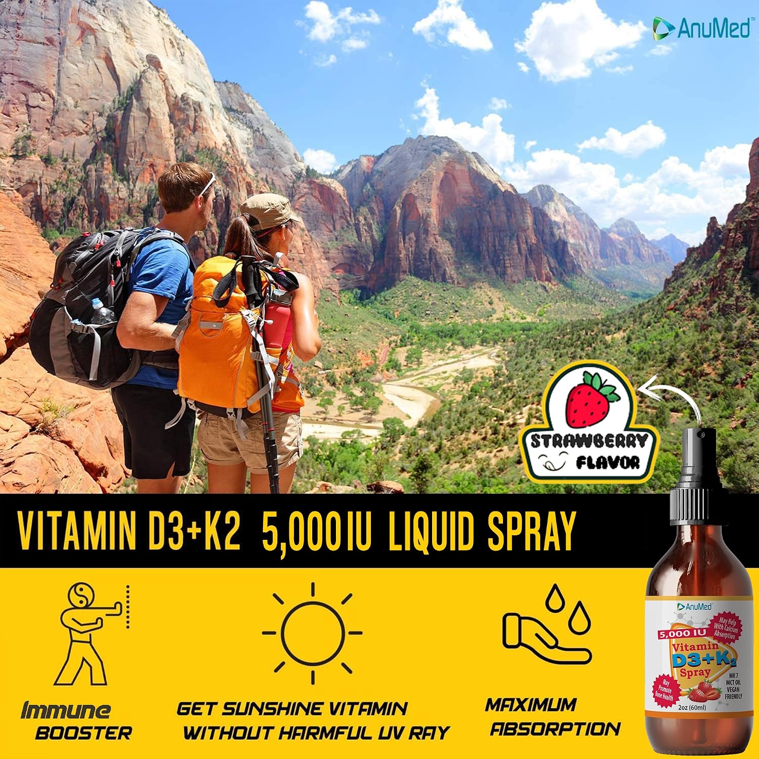 Vitamin D3 and K2 5,000 IU Liquid Spray with Vitamin A and Organic MCT Oil (Strawberry, 60 mL) - görsel 2