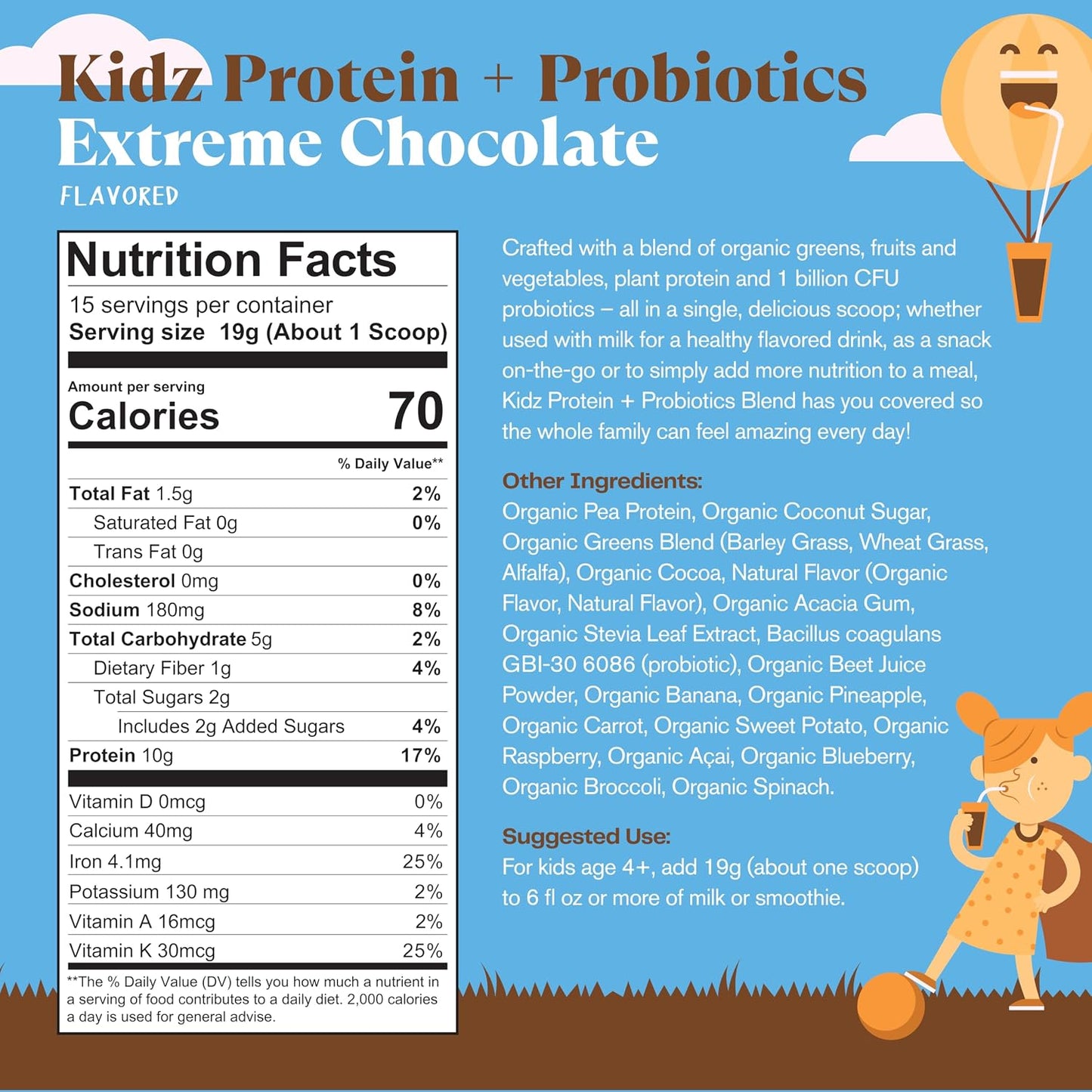 Amazing Grass Kidz Superfood: Vegan Protein & Probiotics for Kids, Extreme Chocolate, 15 Servings - görsel 2
