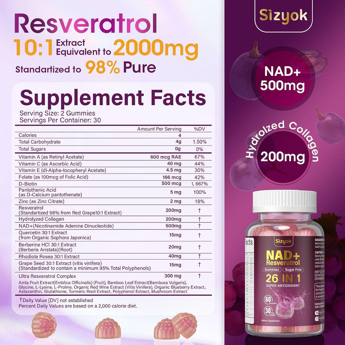 NAD Resveratrol Gummies for Women's - – Trans-Resveratrol : A powerful antioxidant from grapes, known to support – Image 2