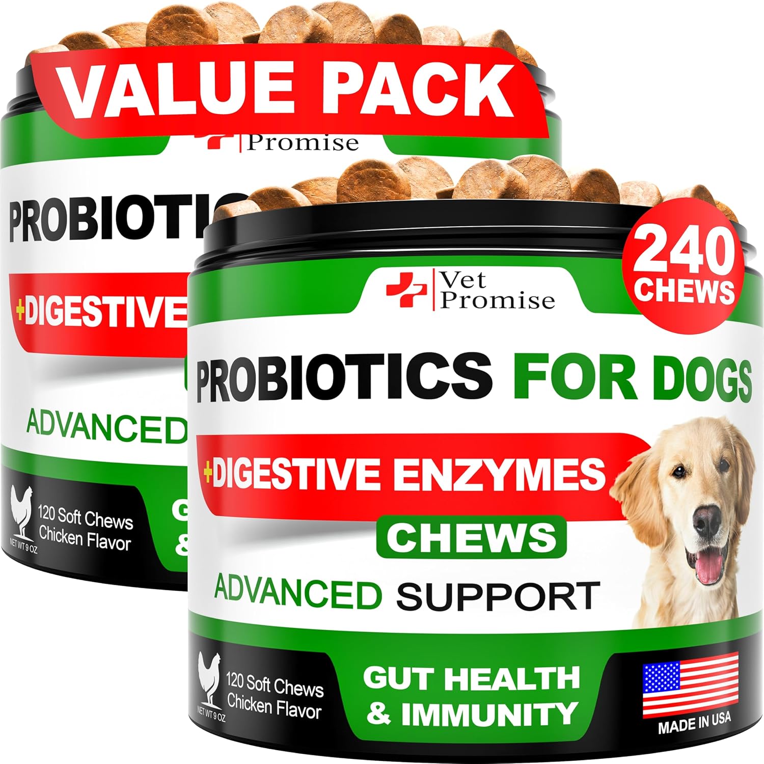 (2 Pack) Probiotics for Dogs - Dog Probiotics and Digestive Enzymes for Gut Health, Itchy Skin, Allergies, Immunity, Yeast Balance - Prebiotics - Reduce Diarrhoea, Wind - 240 Probiotic Chews for Dogs - görsel 1