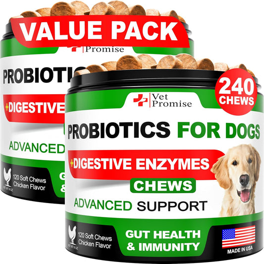 (2 Pack) Probiotics for Dogs - Dog Probiotics and Digestive Enzymes for Gut Health, Itchy Skin, Allergies, Immunity, Yeast Balance - Prebiotics - Reduce Diarrhoea, Wind - 240 Probiotic Chews for Dogs