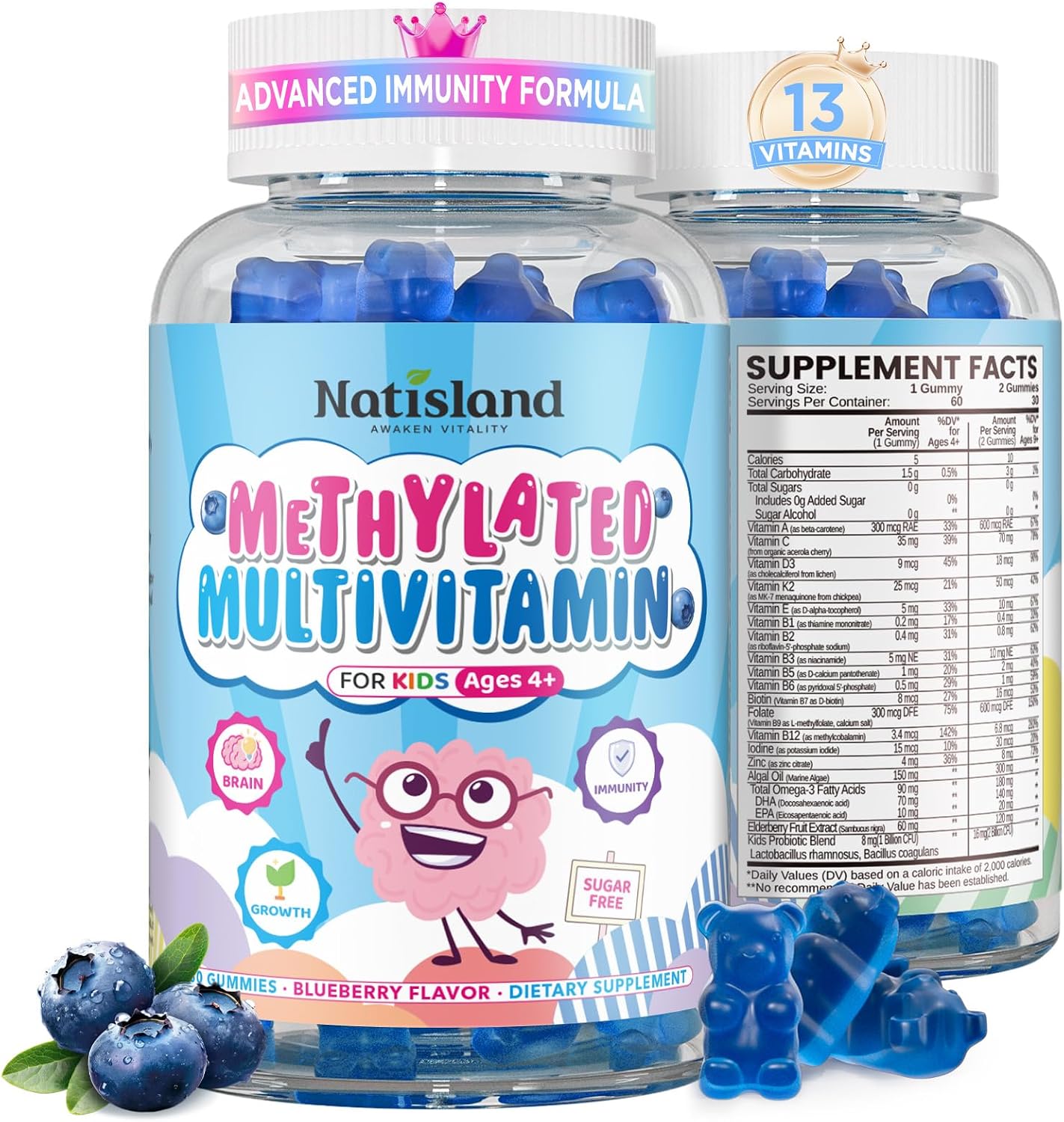 Kids Methylated Multivitamin - MTHFR Support, L-Methylfolate & B12, 13 Vitamins, Vegan Omega-3, Probiotics & Elderberry - görsel 1