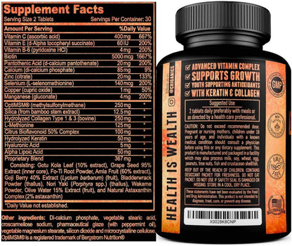 Chiganics Hair Skin and Nail Growth Vitamins with Keratin, Collagen & Silica - Extra Strength Biotin 5000mcg