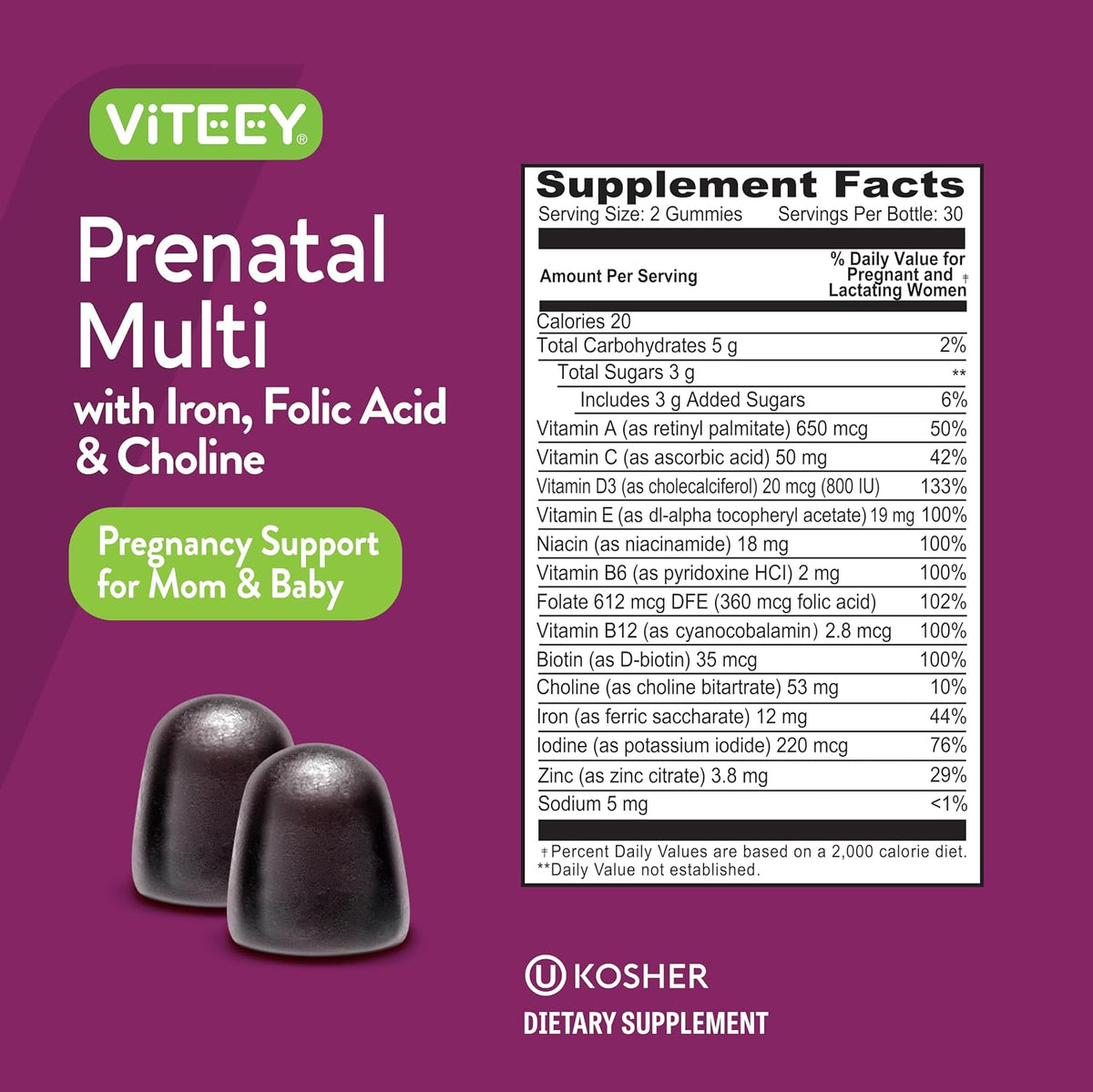 Viteey Prenatal Gummies with Iron, Folic – Vitamin D3: Aids calcium absorption for strong bones and teeth in both – Image 4