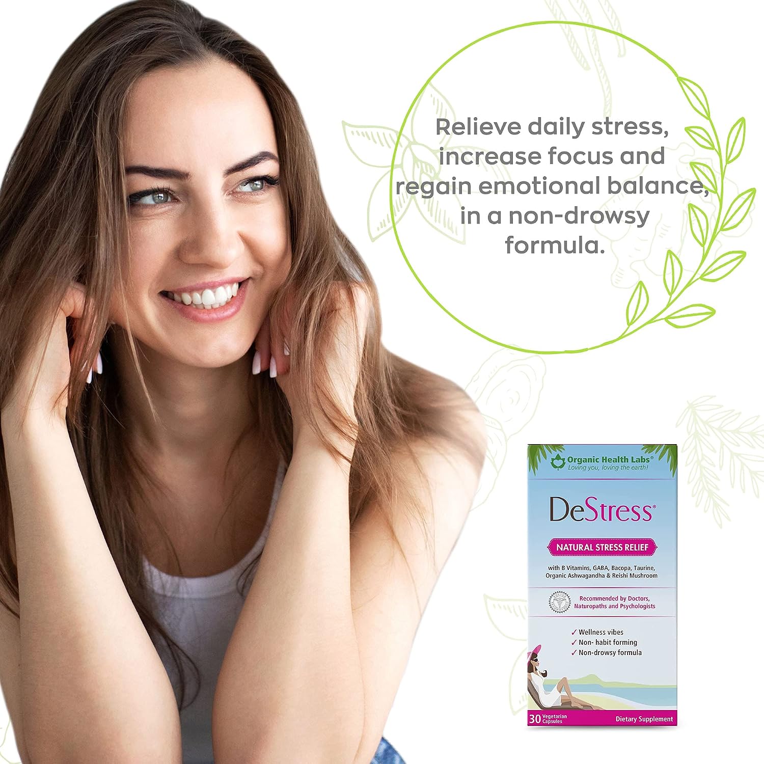 DeStress All-Natural: Veggie Capsules with B Vitamins, Magnesium, Ashwagandha and L-Theanine, Stress Relief Supplement, 30 Capsules - görsel 2