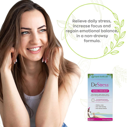 DeStress All-Natural: Veggie Capsules with B Vitamins, Magnesium, Ashwagandha and L-Theanine, Stress Relief Supplement, 30 Capsules