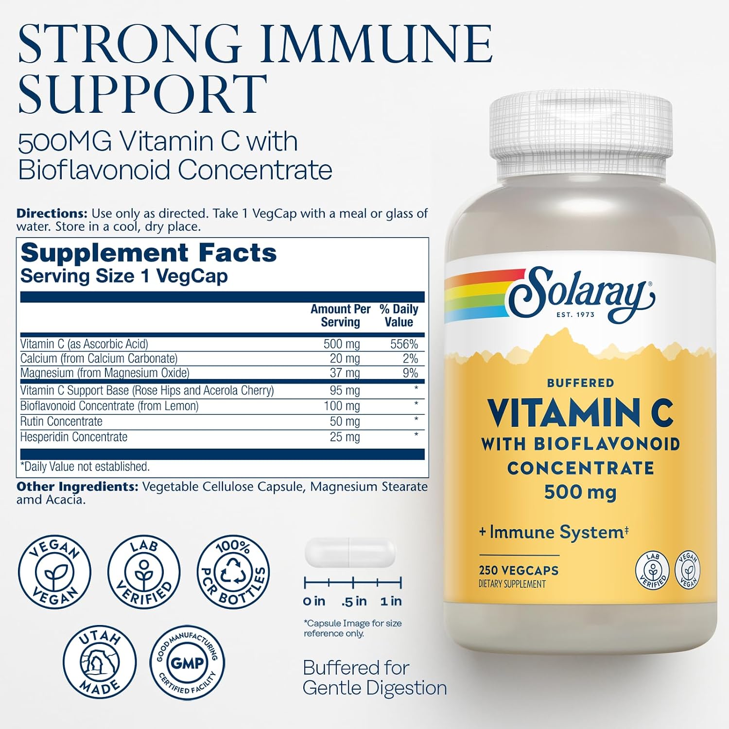 SOLARAY Buffered Vitamin C 500mg - with Bioflavonoids, Rose Hips & Acerola Cherry - Immune Support, Vegan - görsel 2