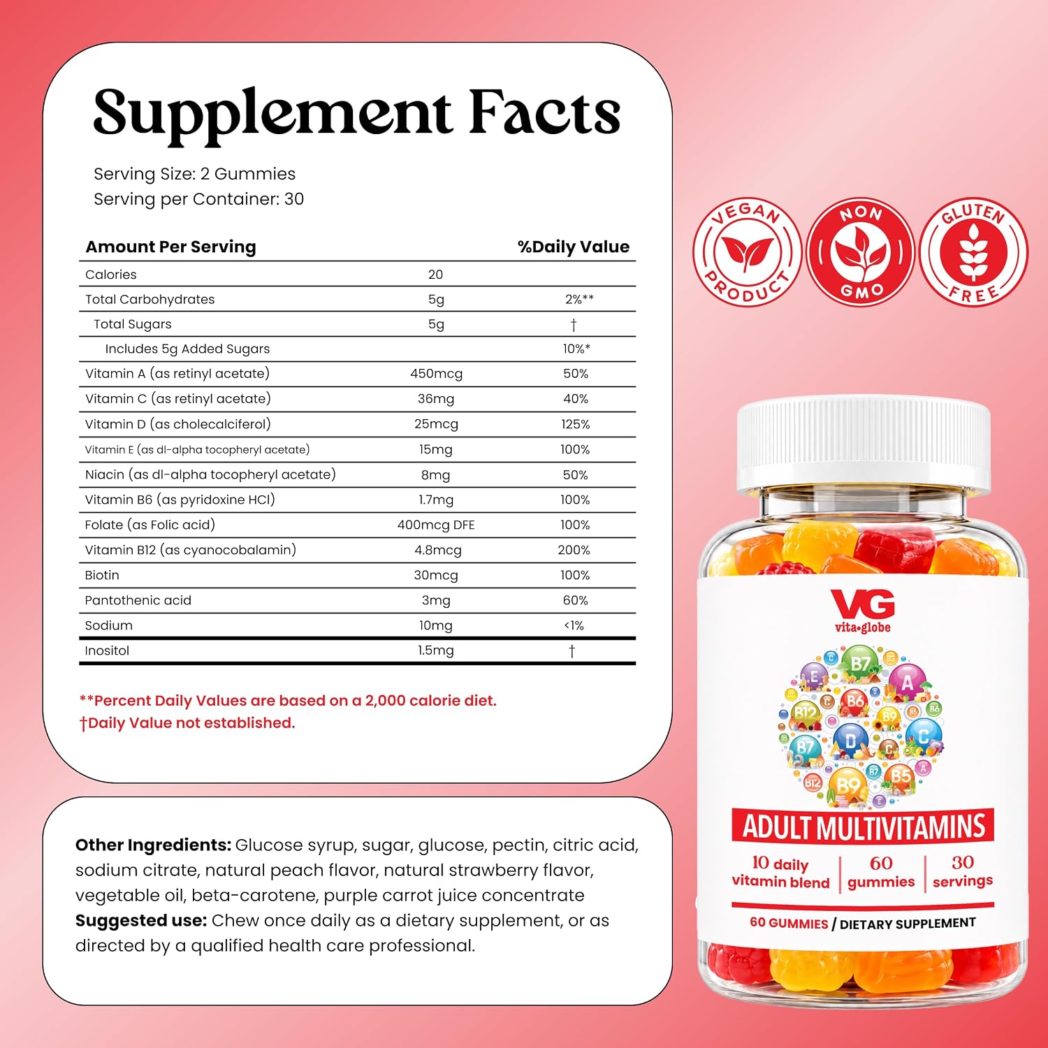 VITA GLOBE Adult Multivitamin Gummies – 9 Daily Vitamins with C, D, E, B6, B12, Folate & Biotin, Orange, Peach & Strawberry Flavours, Immune Support Supplement, 60 Gummies - görsel 2