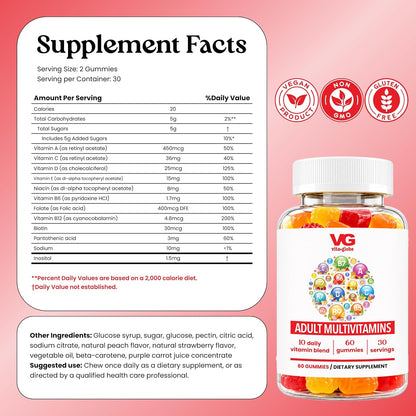 VITA GLOBE Adult Multivitamin Gummies – 9 Daily Vitamins with C, D, E, B6, B12, Folate & Biotin, Orange, Peach & Strawberry Flavours, Immune Support Supplement, 60 Gummies