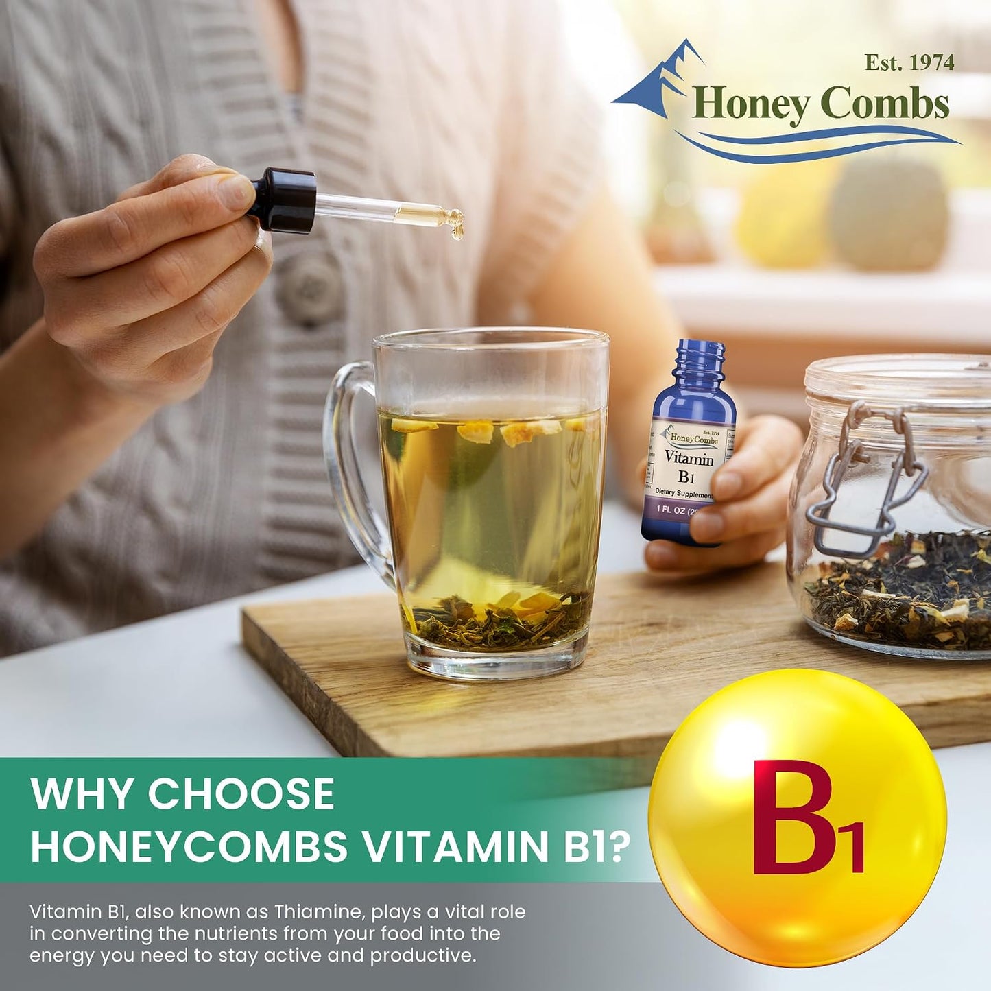 HoneyCombs Vitamin B1 (Thiamine) Liquid Drops - High Potency - Nervous System, Energy & Overall Health - Vegan Liquid B Vitamins (240 mL) - görsel 3