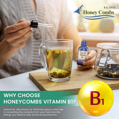 HoneyCombs Vitamin B1 (Thiamine) Liquid Drops - High Potency - Nervous System, Energy & Overall Health - Vegan Liquid B Vitamins (240 mL)