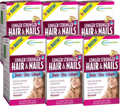 Applied Nutrition Longer Stronger Hair & Nails - 60 Liquid Soft-Gels (Pack of 4) - Biotin, Silica & Collagen - 120 Servings