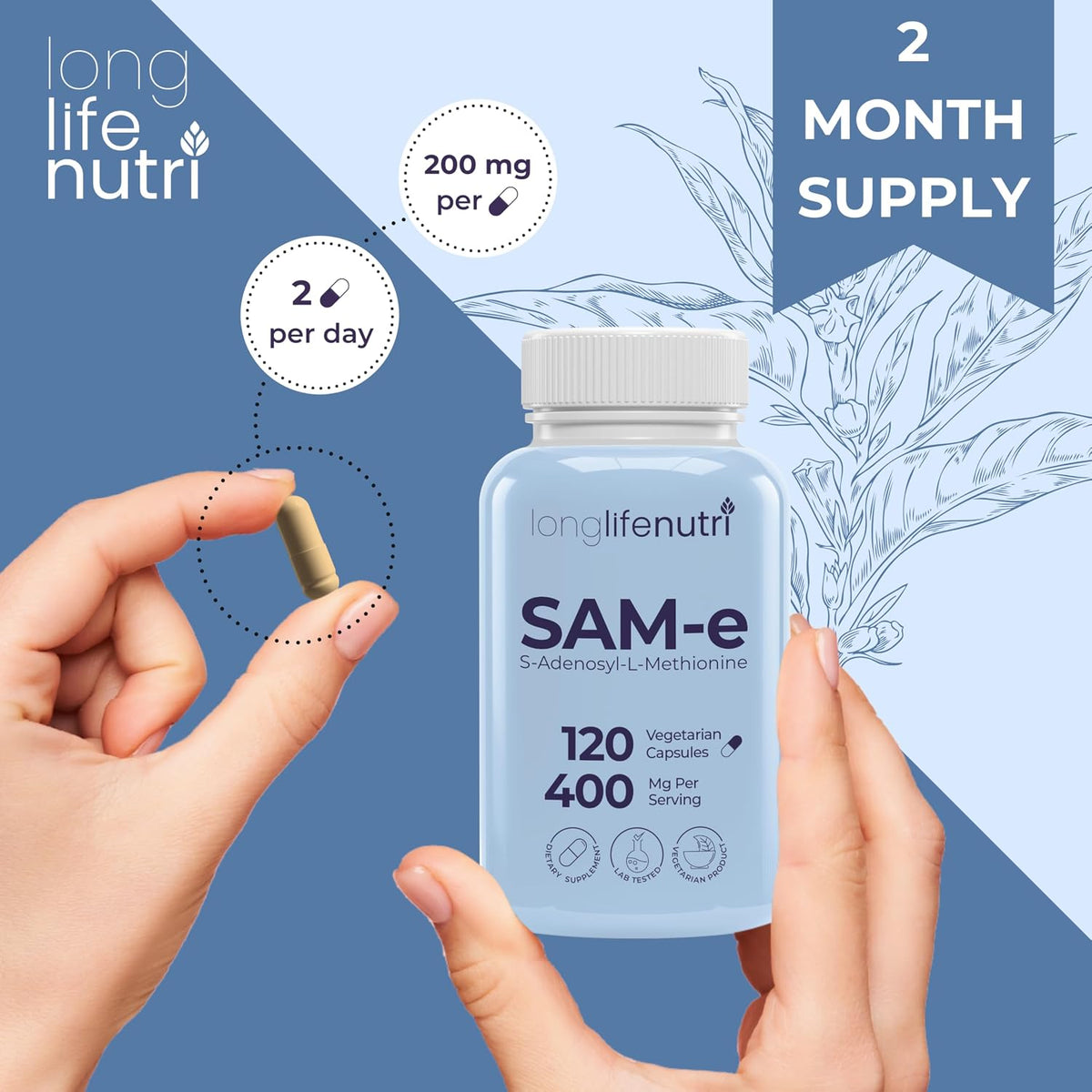 LongLifeNutri SAM-e 400mg – 120 Vegetarian Capsules – Image 5