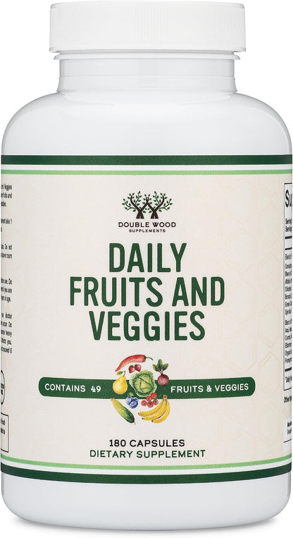 Fruits and Veggies Supplement (Daily Blend of 49 Different Fruits and Vegetables, 23 Veggies and 29 Fruits) 1,500mg Servings, 180 Capsules (No Fillers, Vegan Safe, Non-GM) by Double Wood