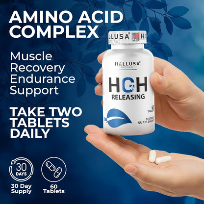 Hallusa Natural HGH Releasing Support Supplement - L-Arginine & Ornithine, Nitric Oxide Support for Muscle Recovery and Performance - 60 Tablets