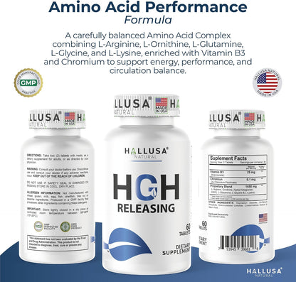 Hallusa Natural HGH Releasing Support Supplement - L-Arginine & Ornithine, Nitric Oxide Support for Muscle Recovery and Performance - 60 Tablets