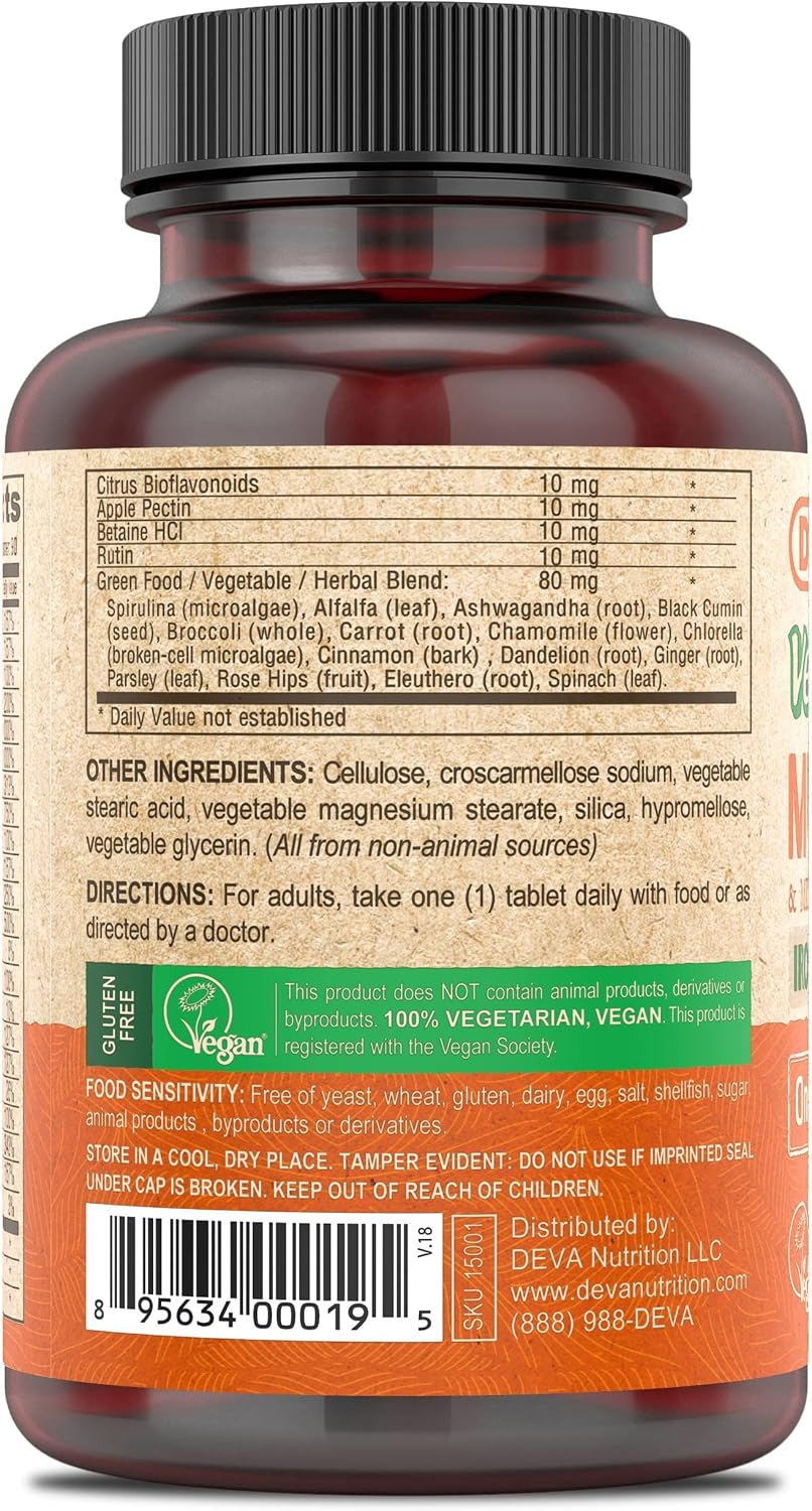 DEVA Vegan Multivitamin and Mineral Supplement - One a Day Formula with Greens - Iron Free - 90 Coated Tablets (Pack of 2) - görsel 3