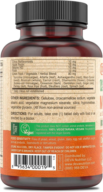 DEVA Vegan Multivitamin and Mineral Supplement - One a Day Formula with Greens - Iron Free - 90 Coated Tablets (Pack of 2)