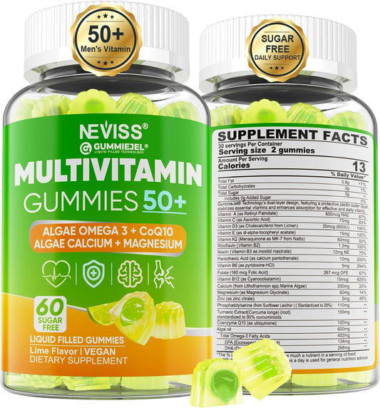 NEVISS Men's 50+ Multivitamin Gummies - – Algae Omega-3: Sourced from sustainable algae, this omega-3 supports – Image 1