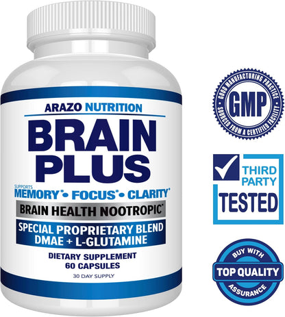 Arazo Nutrition Brain Plus – Nootropic – Focus and Concentration: DMAE, L-Glutamine, and GABA promote mental – Image 2