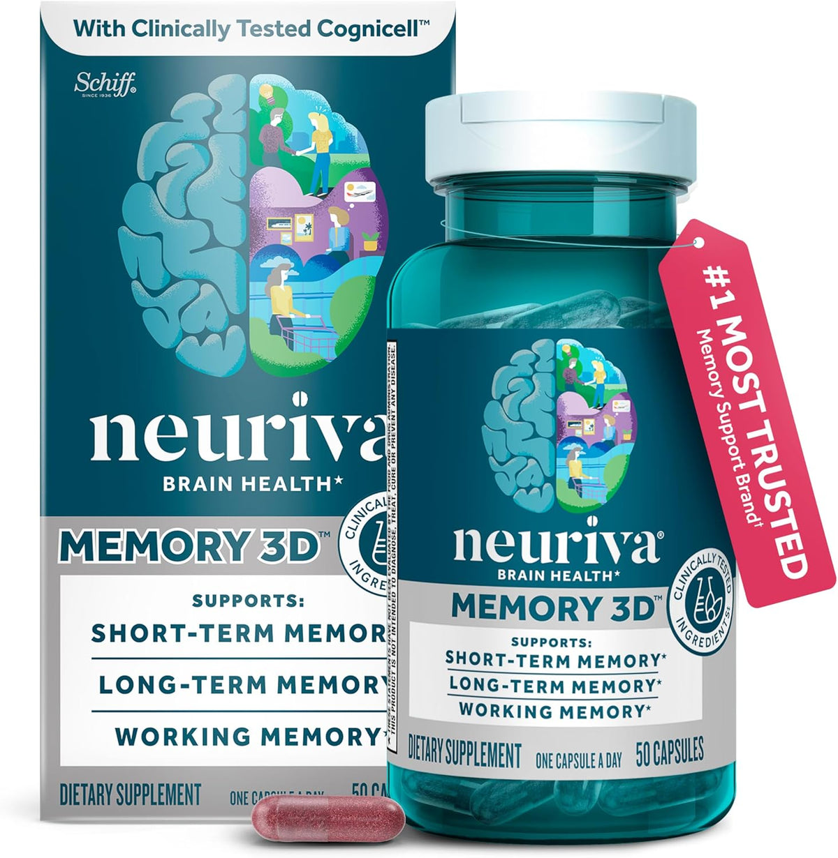 NEURIVA Memory 3D Brain Supplements for Memory and Focus, Vitamin B12 & B6, Folic Acid, 50 Capsules – Image 1