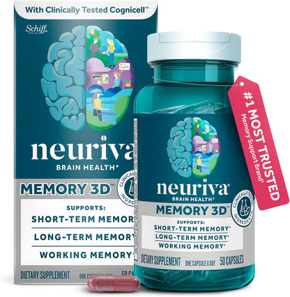 NEURIVA Memory 3D Brain Supplements for Memory and Focus, Vitamin B12 & B6, Folic Acid, 50 Capsules – Image 1