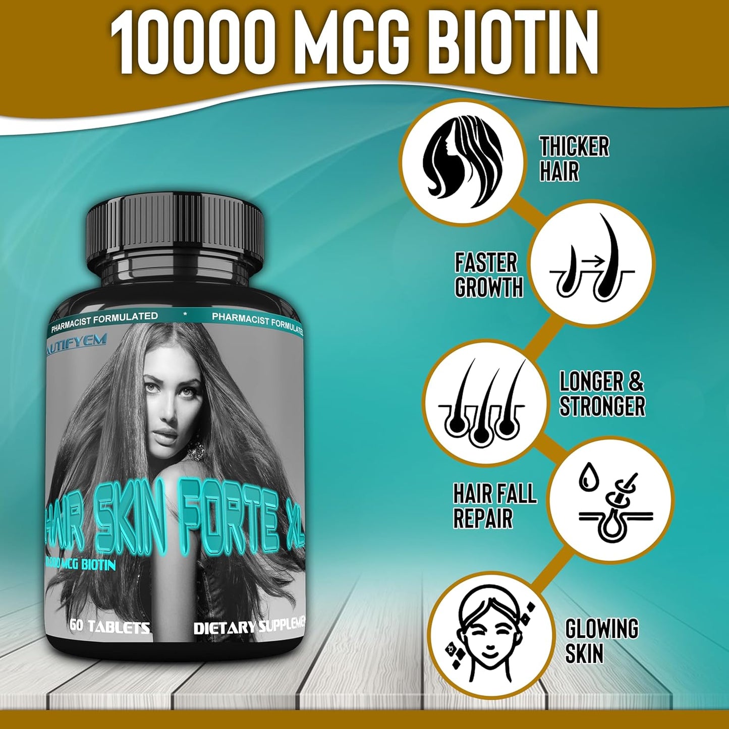 Hair Skin Forte XL Hair & Skin Growth Complex 10,000 mcg Biotin + Collagen Peptides - 60 Tablets - görsel 5