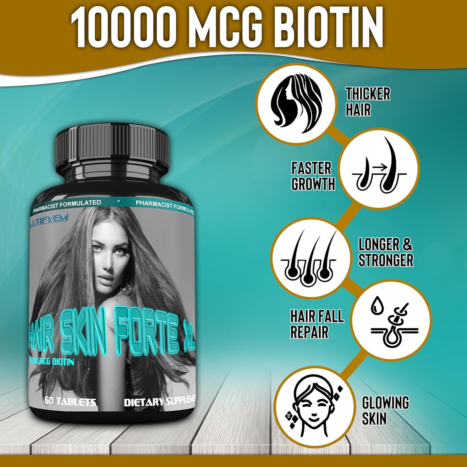 Hair Skin Forte XL Hair & Skin Growth Complex 10,000 mcg Biotin + Collagen Peptides - 60 Tablets - görsel 5