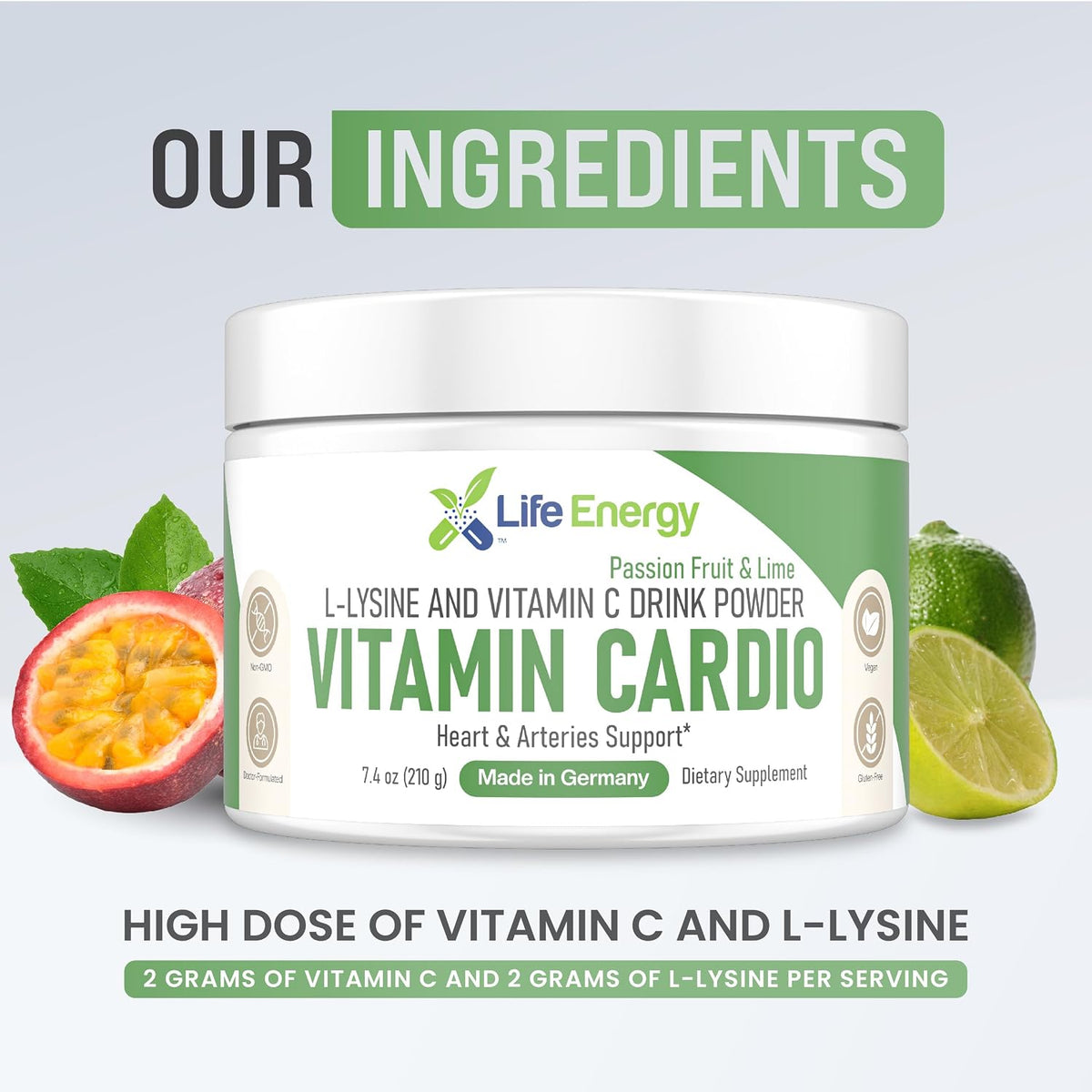 Life Energy High-Dosed Vitamin C & L-Lysine Drink Mix - Passion Fruit & Lime, 210g – Image 4