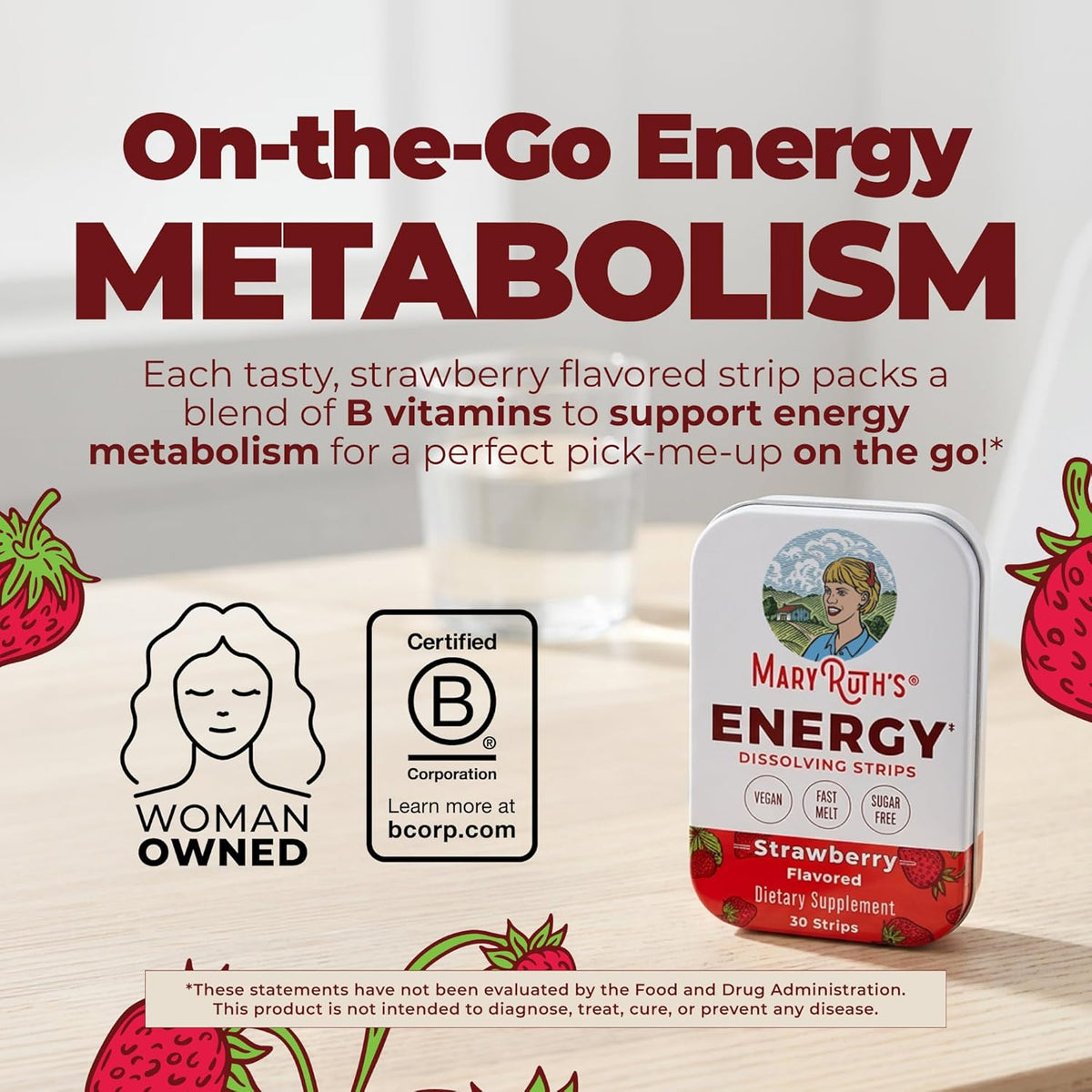 MaryRuth's Energy Dissolving Strips - B Vitamin Complex for Energy Metabolism, Strawberry, 30 Count – Image 2