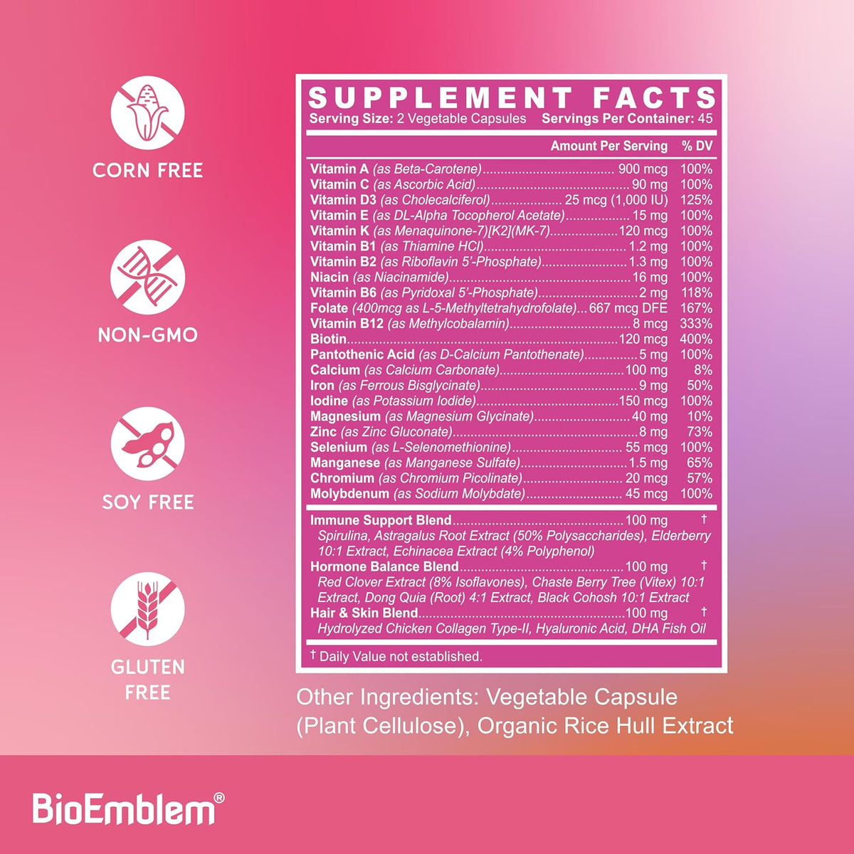 BioEmblem Women's's Multivitamin - Complete Daily Multi for Immunity, Energy, Hair, Skin with Vitamin A, B12, B6, D3, – Image 5