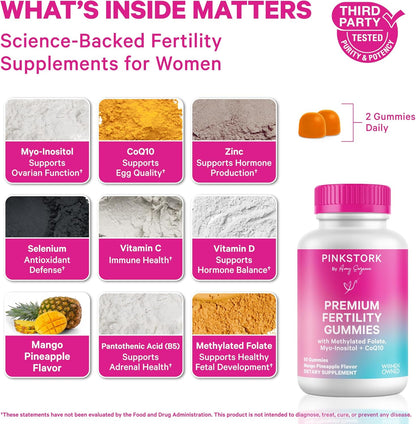 Pink Stork Fertility Gummies for Women's - CoQ10, Myo-Inositol, Methylated Folate - 60 Count